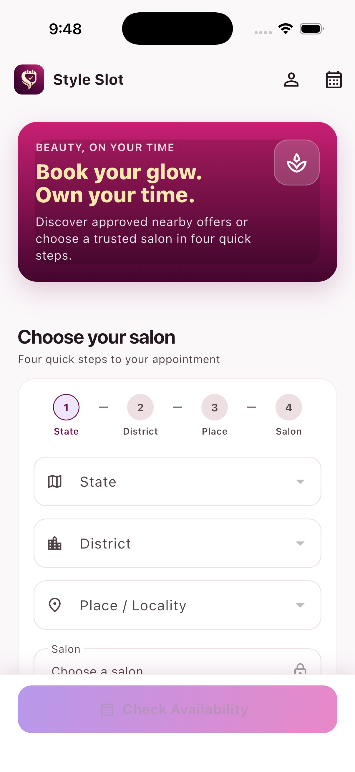 Style Slot customer booking screen